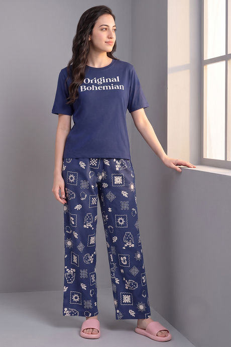 Zivame Knit Cotton Loungewear Set - Navy Peony — image 5
